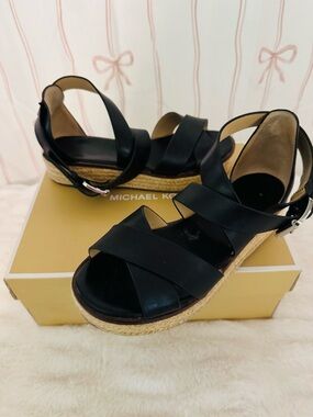 Michael Kors Black Leather Espadrille Sandals with Ankle Strap